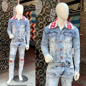 Men’s Sherpa Collar Bleached Sandblast Denim Set